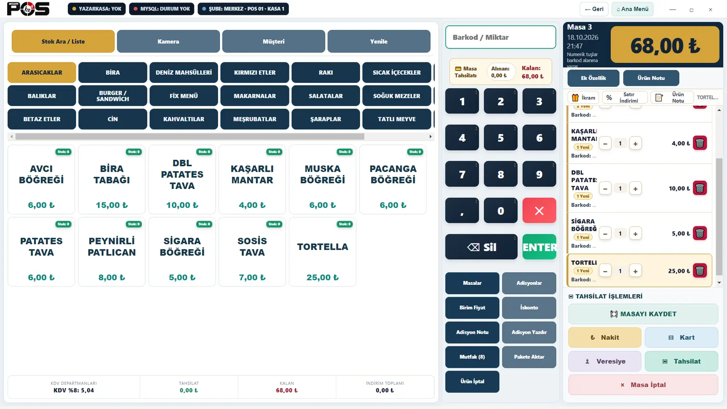 ARCOM POS adisyon ve masa satış ekranı