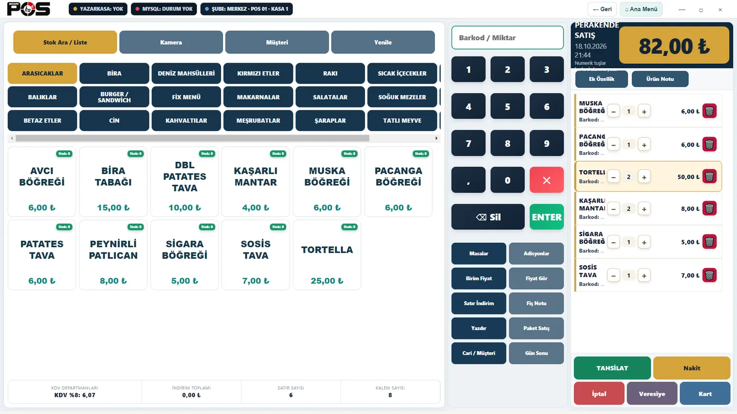 ARCOM POS barkod arama kategori ürün kartları numpad ve sepet ekranı