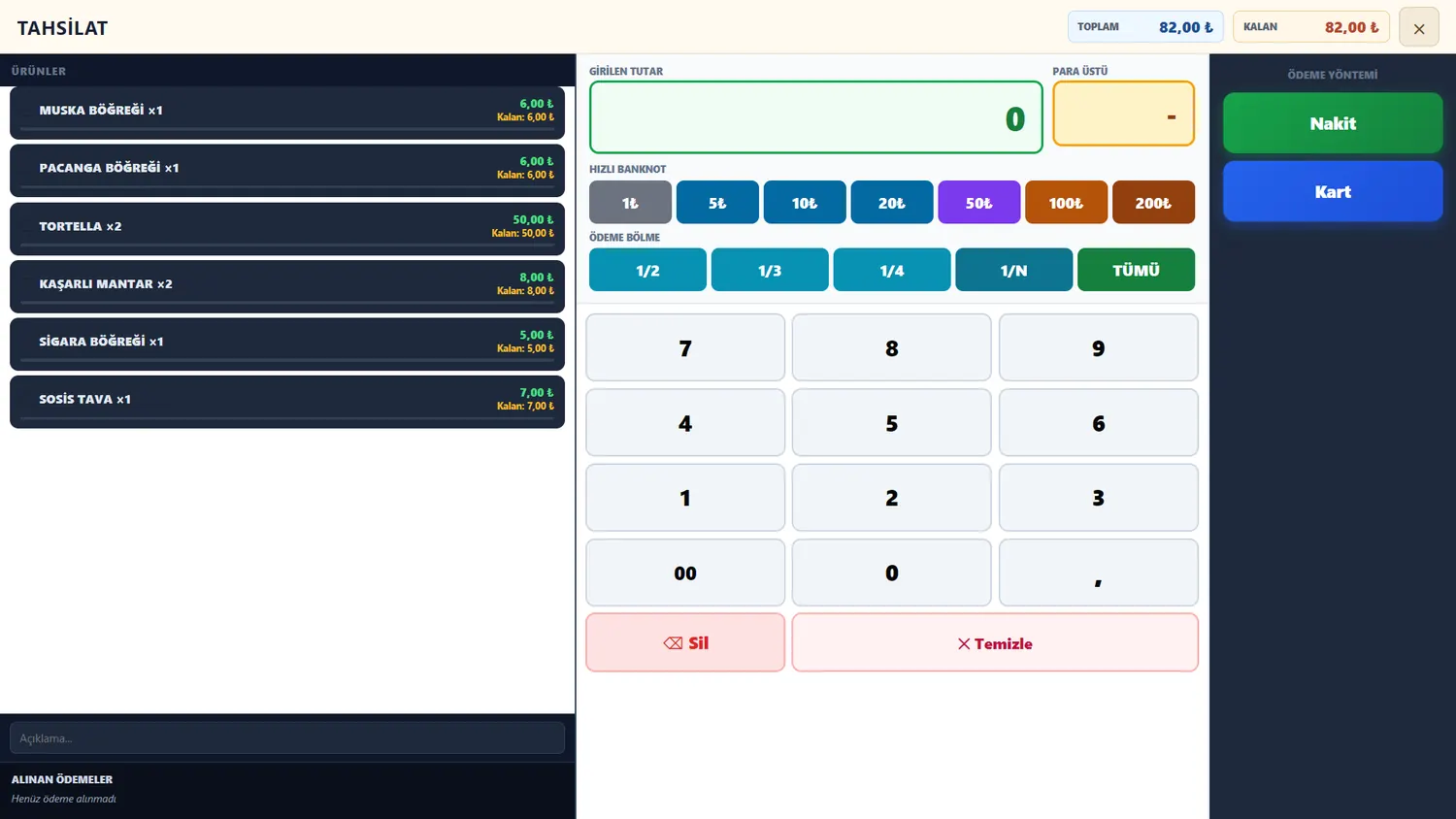ARCOM POS nakit kart ve parçalı ödeme ekranı