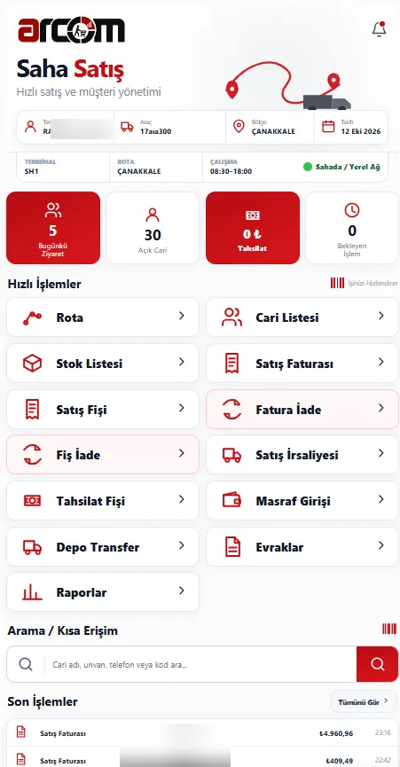 ARCOM Saha Satış mobil uygulaması ana ekranı